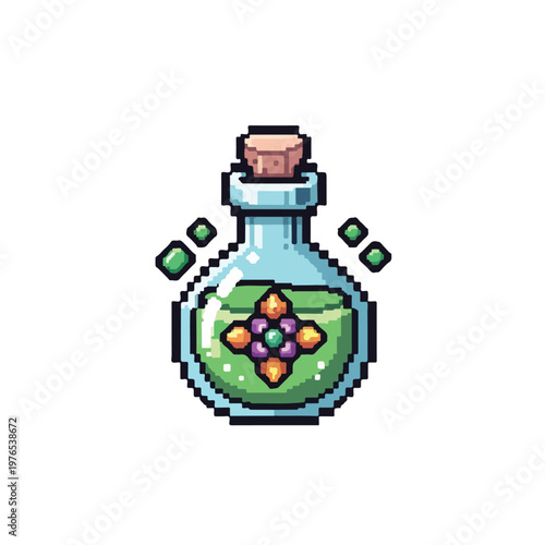 A pixel art illustration of a round glass flask containing a bright green potion, topped with a cork and featuring floating magical particles.