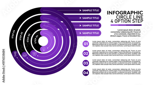 Circle line infographic with 4 options for visual information steps for business presentations, 4 processes, 4 steps, 4 options for web or reports. Vector editable