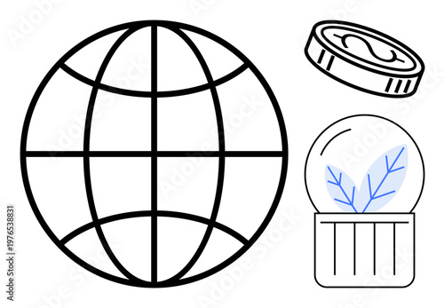 Global trade, green energy, economic growth, ecology, sustainability, financial concepts. Minimalist globe, coin and eco-friendly symbol with blue leaf. Green energy and global economy concept