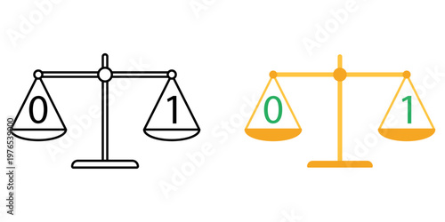 Balance scale binary symbol. Scale with zero and one digits equally balanced. Digital choice and binary dilemma concept. Simple geometric illustration.