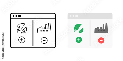 Sustainability ledger balance symbol. Split interface with positive leaf and negative factory. Environmental impact tracking concept. Simple geometric illustration.