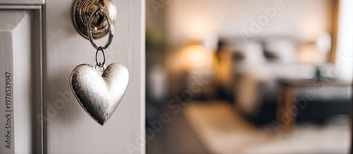 Silver heart keychain on an open white door, revealing a blurred, inviting bedroom