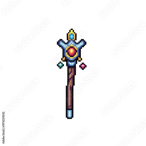 An intricate pixel art magic staff featuring a large red central orb, golden highlights, and blue wing-like elements atop a wooden handle.