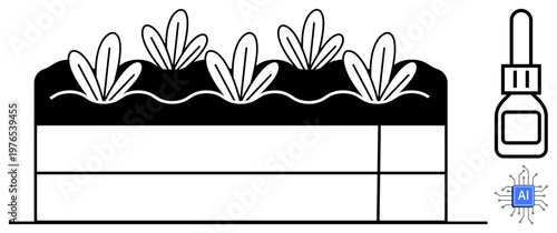 Sustainable farming, crop management, AI applications, technology in agriculture, modern agronomy, soil analysis. Illustration of plants, soil layers and AI symbol. Sustainable farming and crop