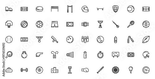 Sport icon set. Vector sports equipment and symbols collection. Includes soccer, basketball, tennis, football, hockey, boxing, golf, trophy and more. Editable thin line icons.