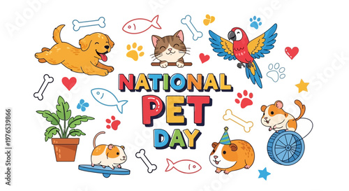A vibrant vector illustration celebrates national pet day, depicting a cheerful golden retriever, a cute tabby cat, and a colorful macaw, surrounded by hamsters, guinea pigs, and pet-themed