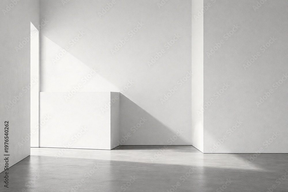 Fototapeta premium Minimalist Interior with Strong Geometric Light Shadow and Pedestal for High Impact Product Display Background