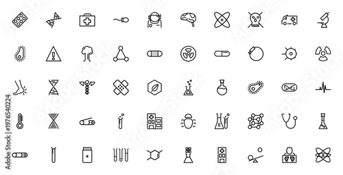 Science and medical icon set. Vector symbols for tablets, DNA, microscope, virus, hospital, physics, lab, and more. Editable stroke collection.