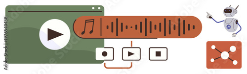 Audio technology, streaming platforms, podcast creation, digital media, voice AI integration, robotic automation. A waveform, robot and playback icons. Audio technology and streaming platform
