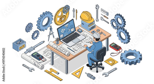 Isometric illustration depicting a worker in the engineering industry at a table with tools, charts, and a laptop, surrounded by various machines and components, rendered in a 3D vector