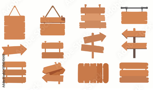 Cartoon wooden sign boards vector collection with rope hanging planks and rustic display elements