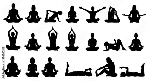 Black silhouettes of people doing yoga.