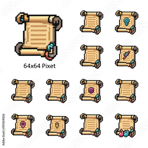 This pixel art set features thirteen intricately designed parchment scrolls, including various quest items and magic spells for game developers.