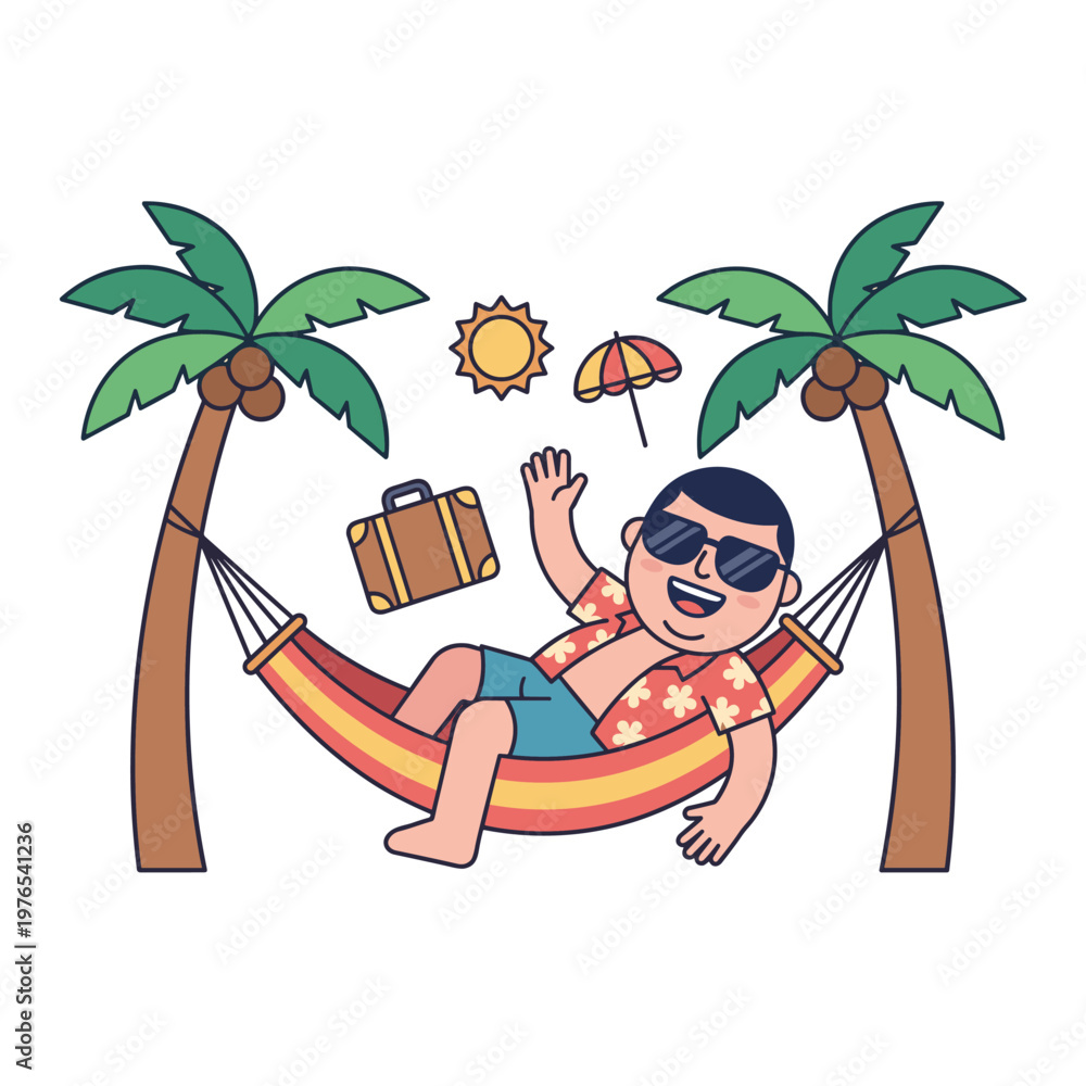Fototapeta premium Man waving hand while relaxing in hammock between palm trees