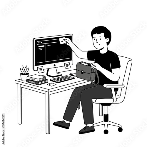 Man sitting at office desk placing a sticky note on a monitor, black and white vector illustration.