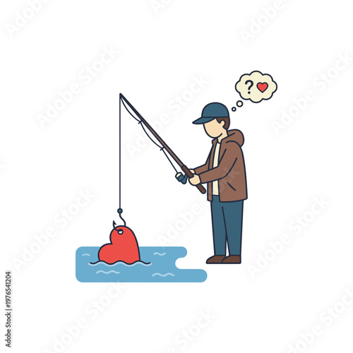 Man fishing for a heart symbol with a fishing rod