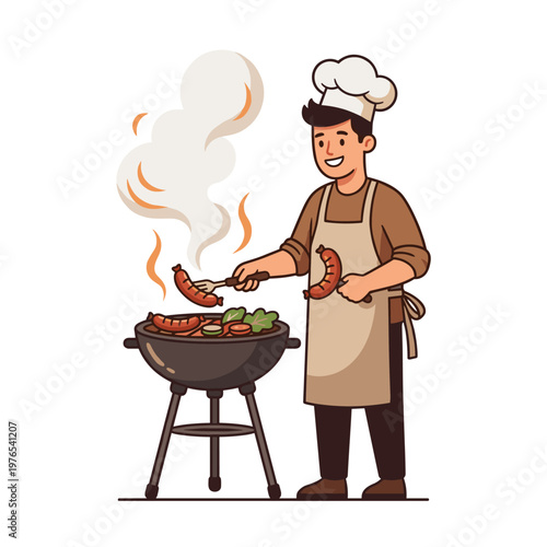 Man in chef hat grilling sausages on a barbecue outdoors