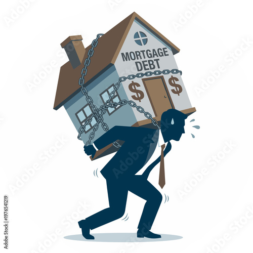 Businessman carrying house labeled mortgage debt on his back