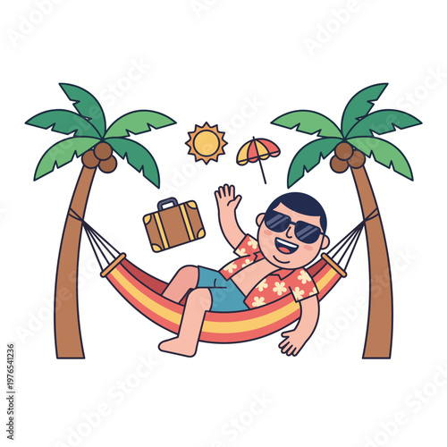 Man waving hand while relaxing in hammock between palm trees