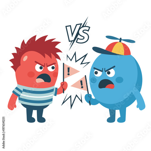 Two angry cartoon characters holding flags and arguing