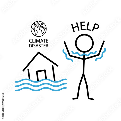 Stick figure drowning during climate disaster flood