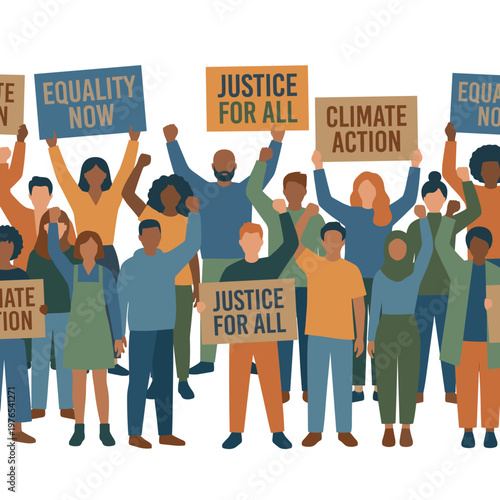 Diverse crowd protesting with signs for equality and justice