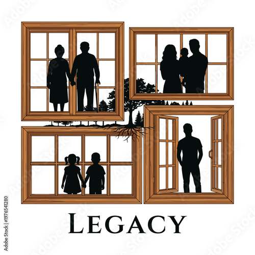 Family generations framed in windows with tree roots and legacy text