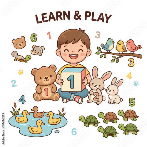 Happy boy learning numbers with cute animals and toys