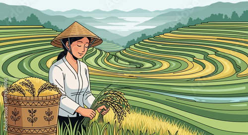 Asian farmer harvesting rice in a terraced field.
