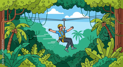 Excited person ziplining through a lush jungle canopy.