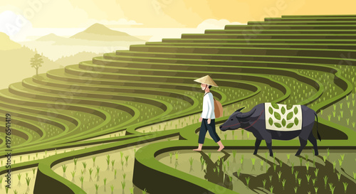 Farmer and buffalo walking through rice terraces.