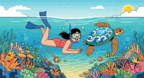 Girl snorkeling with sea turtle underwater coral reef.