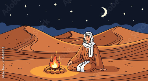 Man in traditional desert attire sitting by campfire at night.