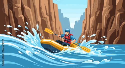 Man kayaking down a river in a canyon.