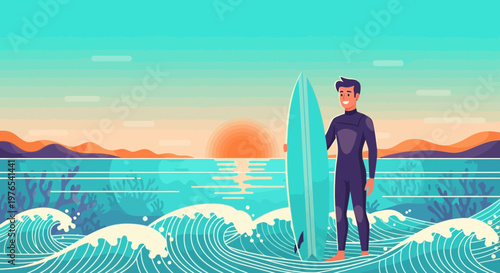 Man in wetsuit holding surfboard ready for surfing.