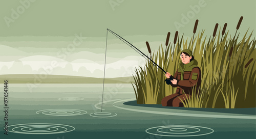 Man fishing in reeds by lake water.