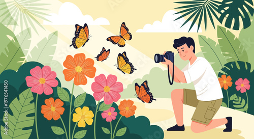 Man photographing butterflies in a vibrant garden.
