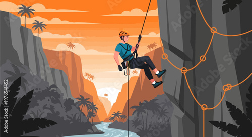 Man rappelling down a steep cliff face during an adventure activity.