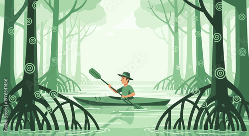 Man paddling kayak through mangrove forest.