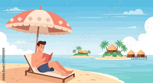 Man Relaxing on Beach Chair Reading Book Under Umbrella.