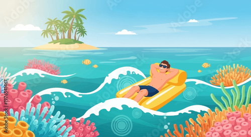 Man Relaxing on Inflatable Raft in Tropical Ocean Waves.