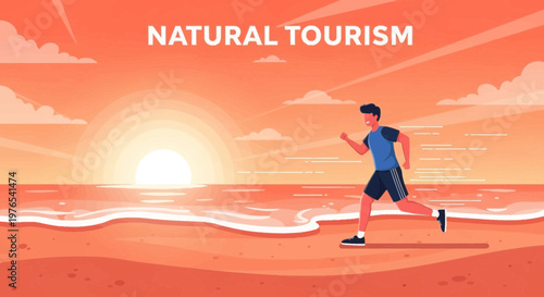 Man running on beach during sunrise.