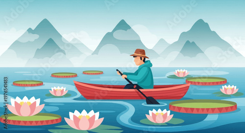 Man rowing a boat on a serene lake surrounded by lily pads and flowers.