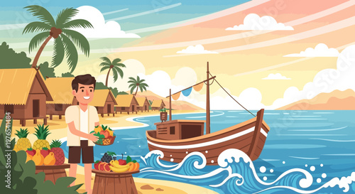 Man Selling Fresh Fruits by the Tropical Beachside.