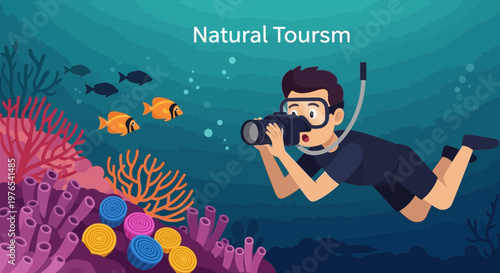 Man snorkeling and taking underwater photos of coral reef.