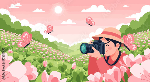 Man with camera in a field of flowers.