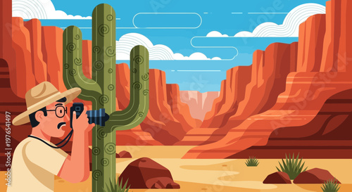 Man with camera photographing giant cactus in desert landscape.