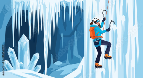 Woman ice climbing with gear on frozen wall.