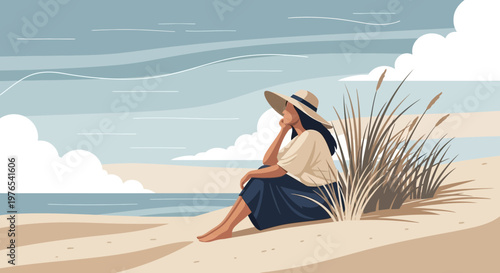 Woman in Hat Sitting on Sandy Beach Looking Out to Sea.