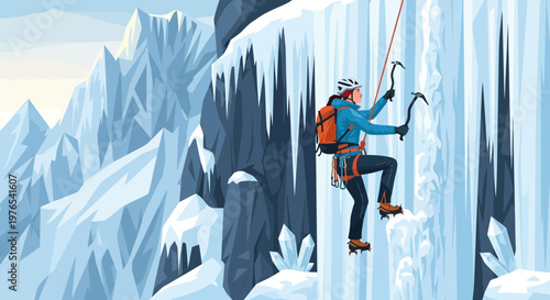 Woman Ice Climbing Vertical Frozen Waterfall.